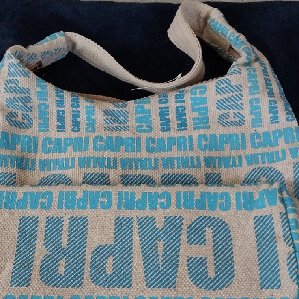 Capri Tote Bag with Blue Text